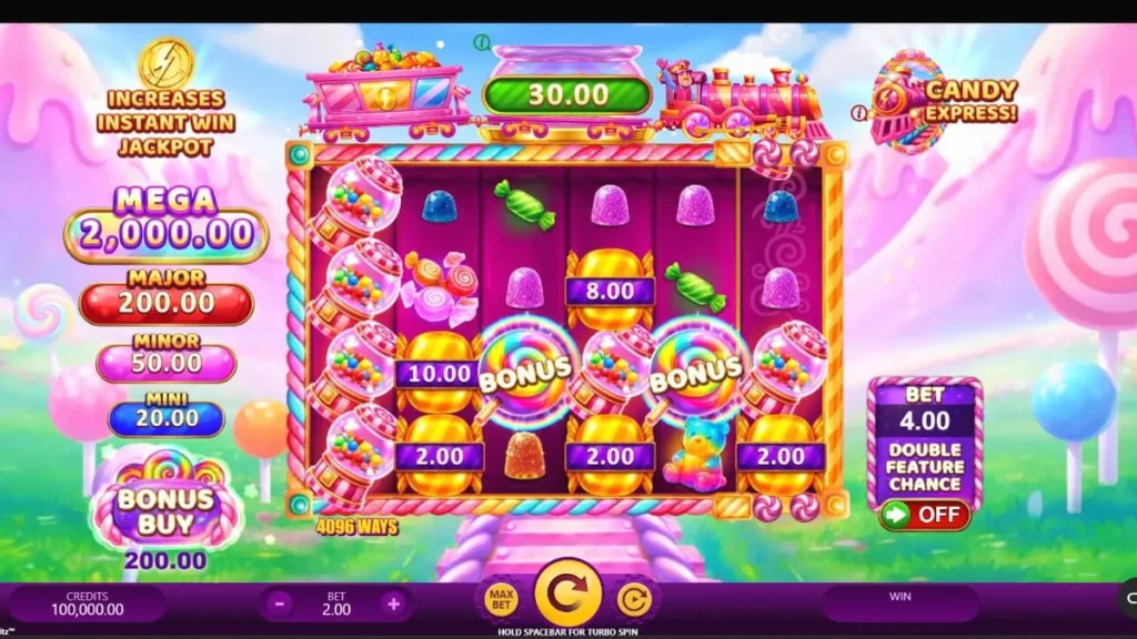 Candy Express Gold Blitz سلاٹ گیم کا رنگین اور پرکشش منظر