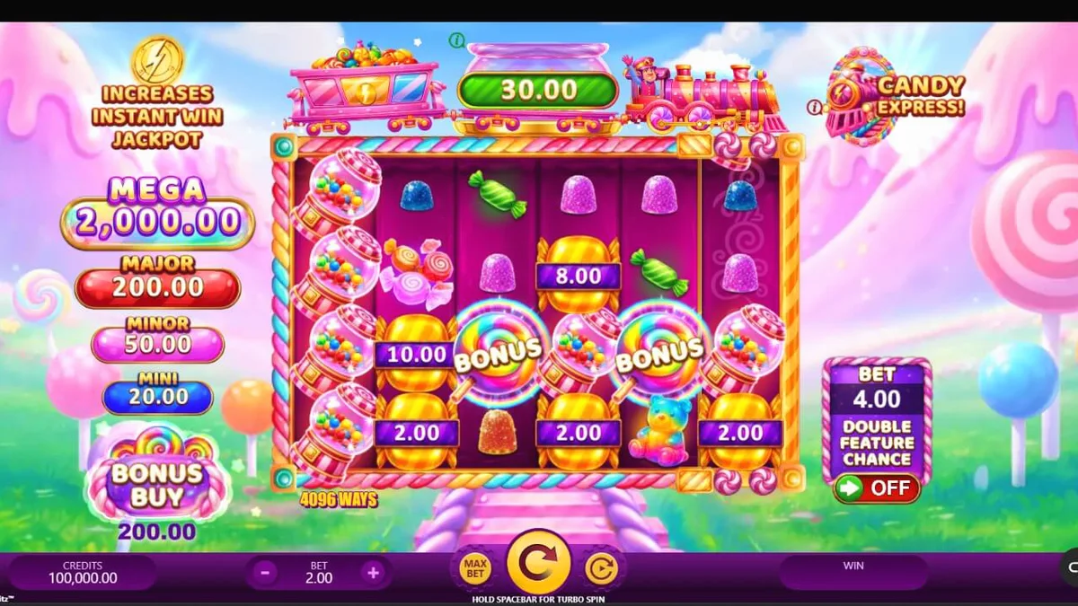 Candy Express Gold Blitz سلاٹ گیم کا رنگین اور پرکشش منظر